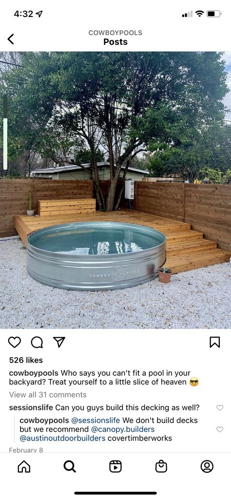 Cowboy Pool Deck, Cowboy Pool With Deck, Stock Tank Deck, Austin Backyard, Stock Tank Pool Deck, Pool Retaining Wall, Cottage Yard, Stock Tank Pool Ideas, Cheese House