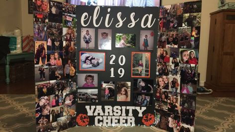 cheer senior night board Senior Night Posters Trifold, Soccer Senior Boards, Senior Night Boards Cheer, Senior Board Ideas Cheerleading, Senior Night Trifold Board, Trifold Board Ideas, Senior Night Boards Volleyball, Senior Trifold Board Ideas, Senior Night Boards