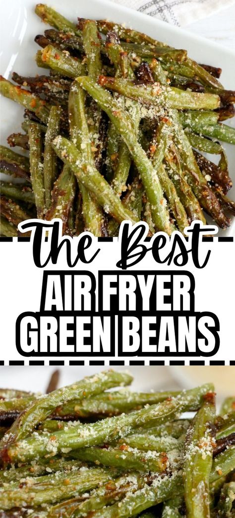 Closeup shot of air fryer green beans with parmesan cheese at top and bottom. Green Beans Vegan, Air Fried Green Beans, Air Fryer Green Beans, Crispy Green Beans, Parmesan Green Beans, Fried Green Beans, Cooking Green Beans, Garlic Green Beans, Frozen Green Beans