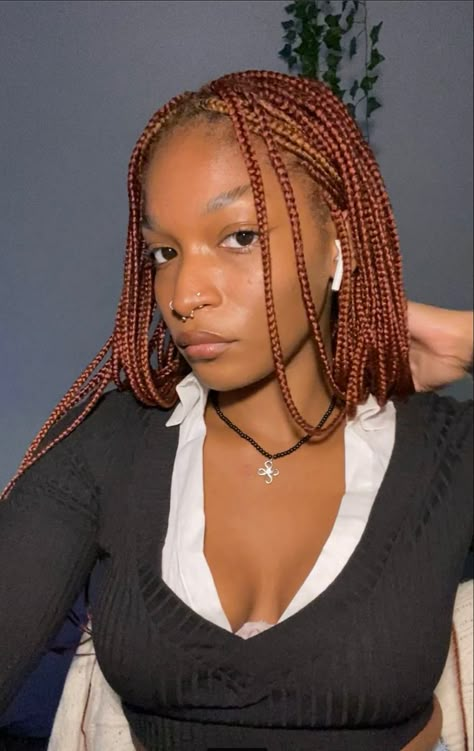 Red Ginger Box Braids, Brown And Red Braids Black Women, Red Protective Hairstyles For Black Women, Small Ginger Braids, Brown Red Braids For Black Women, Dark Ginger Box Braids, Ginger Box Braids Dark Skin, Reddish Brown Box Braids, Brown And Red Box Braids