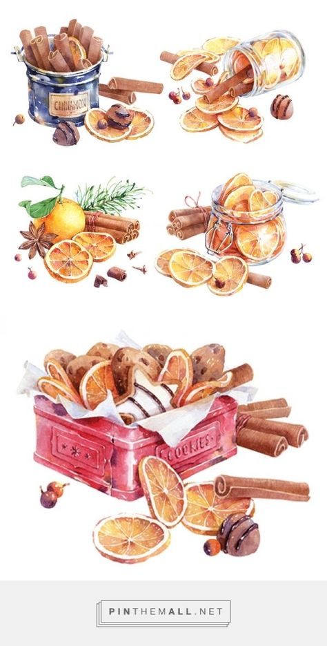 귀여운 음식 그림, Watercolor Food, Illustration Noel, Dried Oranges, Text Pins, Food Painting, Cafe Logo, Multiple Images, Christmas Drawing