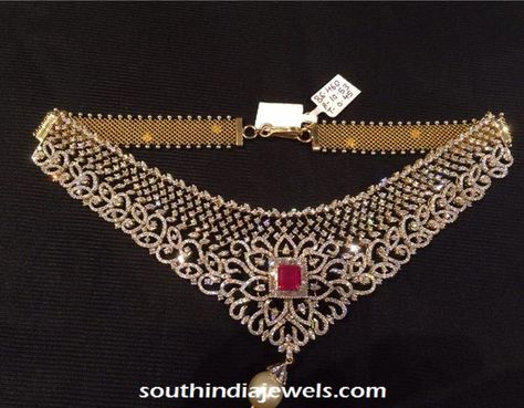 Diamond Choker with square ruby stone Premraj Shantilal Jain Jewellers, Diamond Jewlery, Latest Indian Jewellery, Diamond Circle Necklace, Necklace Ruby, Classy Necklace, Diamond Choker Necklace, Jewellery Diamond, Bold Necklace