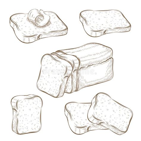 Set of drawn sliced bread and toasts illustration isolated on white. wheat rye or whole grain square loaf with various royalty free illustration Toast With Butter, Cheese Drawing, Bake Cheese, Recipe Book Design, Jam Toast, Butter Toast, Food Sketch, Loaf Of Bread, Sketch Tattoo Design