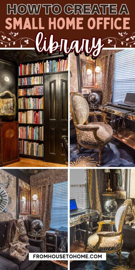 Black And Gold Small Home Office Library - From House To Home Dark Academia Small Office, Dark Academia Library Room, Closet Library Ideas, Dark Academia Reading Nook, Small Home Office Library, Library Room Small, Cozy Library Room Ideas, Bedroom Reading Area, Cozy Home Library Ideas