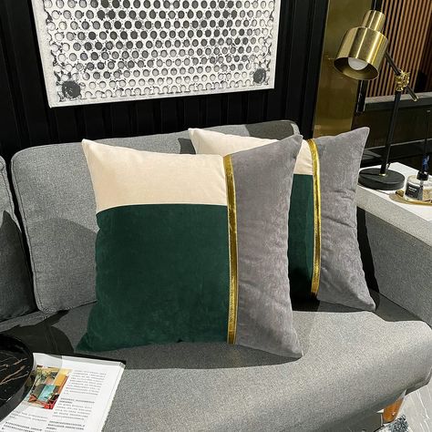 Cushions For Dark Green Sofa, Cushions On Sofa Living Rooms, Gray Couch Green Pillows, Grey Sofa Green Cushions, Gray And Green Living Room, Green Chair Living Room, Green And Grey Living Room, Green And Gold Living Room, Grey Leather Couch