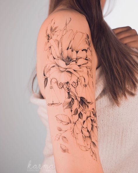 Libra Tattoo Sleeve Women, Libra Half Sleeve Tattoos For Women, Tattoo Ideas Flower Sleeve, Libra Floral Tattoo, Libra Scales Tattoo Women, Zodiac Sleeve Tattoos For Women, Libra Tattoo Flowers, Floral Libra Tattoo, Constellation Sleeve Tattoo