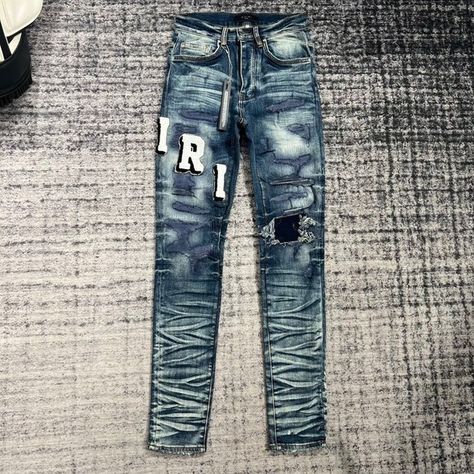 AMIRI Ripped Woolen Logo Jeans Black Leather Jeans, Amiri Jeans, Patched Jeans, Bandana Print, Patchwork Designs, Slim Jeans, Favorite Jeans, Jeans Denim, Colored Jeans