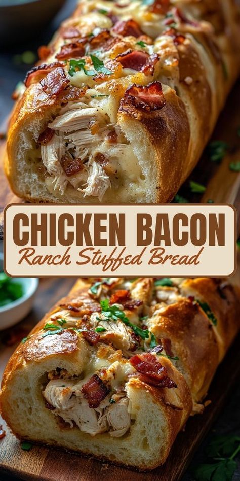 Chicken Bacon Ranch Stuffed Bread Ingredients: 1 loaf of French bread 2 cups cooked chicken, shredded 1 cup cooked bacon, chopped 1 cup ranch dressing 2 cups shredded mozzarella cheese 1/2 cup shredded cheddar cheese 1/4 cup green onions, chopped 1 tablespoon butter, melted 1/2 teaspoon garlic powder 1/2 teaspoon dried parsley #Chicken #Bacon #Ranch #Stuffed #Bread Parsley Chicken, Easy Enchilada Recipe, Breaded Chicken Recipes, Chicken Shredded, Stuffed Bread, French Bread Recipe, Dried Parsley, Shredded Chicken Recipes, Loaf Recipes