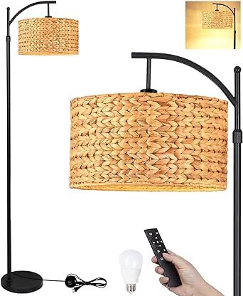 QIYIZM Floor Lamp for Living Room Bedroom Farmhouse Arc Rattan Boho Standing Lamp with Remote Dimmable Black Wicker Bamboo Lamp Shade Floor Light Adjustable Tall Lamp Industrial Floor Lamps Bohemian Wicker Floor Lamp, Floor Lamp For Living Room, Black Wicker, Tall Lamp, Industrial Floor, Lamp Industrial, Industrial Floor Lamps, Bamboo Lamp, Tall Lamps