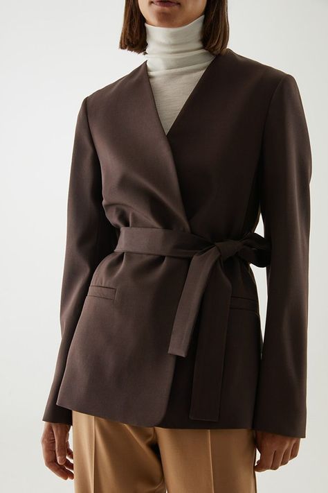 COS Wool Collarless Belted Blazer Cos Jacket, Collarless Jacket, Belted Blazer, Runway Trends, Brown Jacket, Blazer Fashion, Everyday Wardrobe, Who What Wear, Colorful Fashion