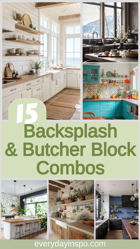 See exactly how to pair stunning backsplashes and butcher block countertops to make your perfect kitchen. Butcher Block And Granite Countertops, Pine Butcher Block Countertops, Butcher Block Countertops Backsplash, Oak Butcher Block Countertops, Birch Butcher Block Countertops, Kitchen With Butcher Block Counters, Butcher Block Backsplash, Kitchens With Butcher Block Countertops, Butcher Block Countertops Kitchen