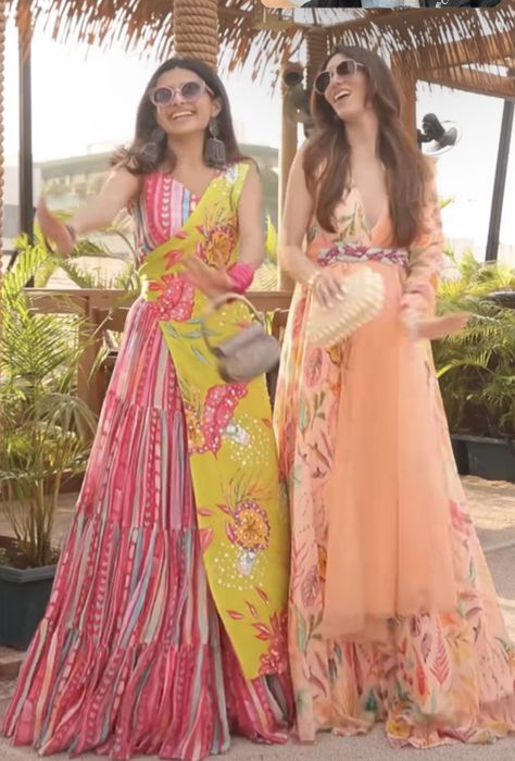 Indowestern Festive Outfits, Designer Suits For Women Indian Unique, Indowestern Bridesmaids Outfits, Indowestern Fusion Outfit Ideas, Carnival Inspired Outfit, Festive Fusion Multicolor Dress, Festive Multicolor Fusion Traditional Wear, Indian Outfits Modern, Haldi Outfits