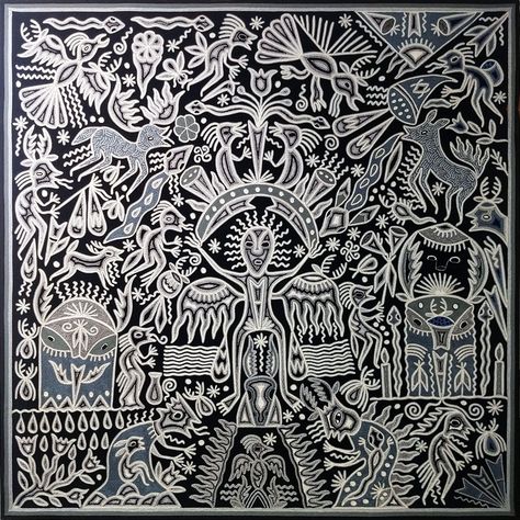 Luciana Benitez Renteria: Premier Huichol Yarn Painting Black and White Kauyumarie (Deer God) Deer God, Huichol Yarn Painting, Art Native American, Yarn Painting, Huichol Art, Indian Painting, American Indian Art, Wood Carvings, Mexican Folk Art