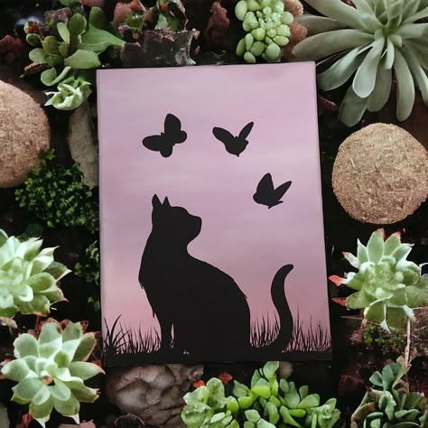 This painting is on 9x12 inch stretched cotton canvas showing a silhouette of a kitty cat watching the butterflies in a field of grass. Perfect for any art collectors. (sent with a free sticker) Stretched Canvas Painting, Silhouette Butterfly, Acrylic Art Projects, Silhouette Wall Art, Canvas Drawing, Silhouette Painting, Small Canvas Paintings, Simple Canvas Paintings, Cute Canvas Paintings