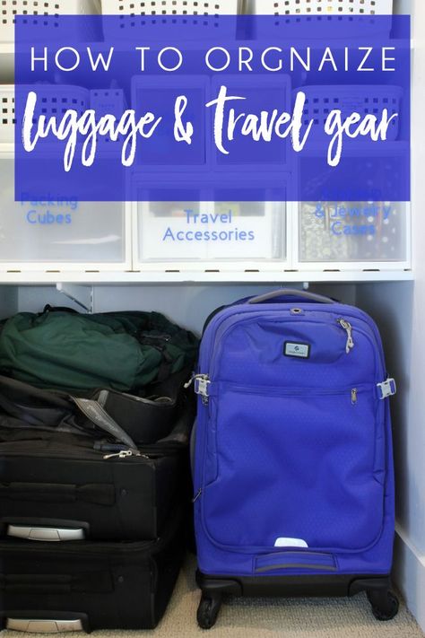 How to store luggage at home, tips for organizing travel gear, and the easiest way to store backpacks and tote bags. How To Store Backpacks, Store Backpacks, Car Seat Travel Bag, Organizing Stuff, Travel Luggage Organization, Suitcase Storage, Travel Prep, Tips For Organizing, Suitcase Organization