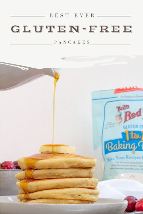 A light and fluffy pancake recipe made gluten free using Bob's Red Mill Gluten Free 1 for 1 Baking Flour in place of all-purpose flour. This versatile gluten free pancake recipe is easy to make and absolutely delicious! #glutenfreepancakesrecipe #pancakerecipes #glutenfreerecipes Gluten Free Flour Pancakes, Gluten Free Pancake Recipe, Fluffy Gluten Free Pancakes, Recipe Pancakes, Gluten Free Pancake, Fluffy Pancake Recipe, Cookies Gluten Free, Gluten Free Recipes For Breakfast, Best Gluten Free