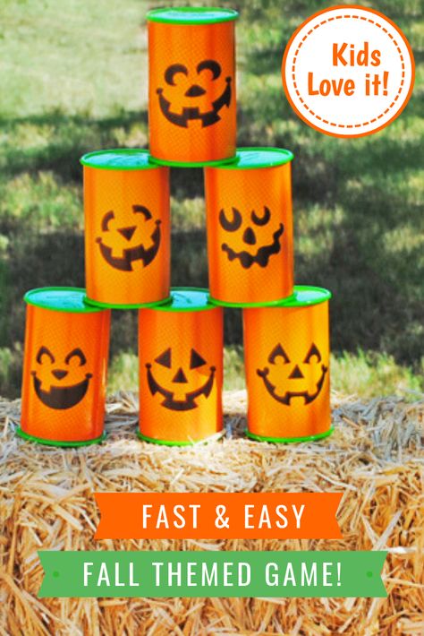 Great for Fall Festivals - Pumpkin Can Knock Down is easy to setup and save too! Fall Festival Booth Ideas For Church, Halloween Festival Games, Fall Festival Booth, Halloween Booth, Fall Carnival Games, Fall Festival Activities, Fall Festival Party, School Fall Festival, Fall Party Games