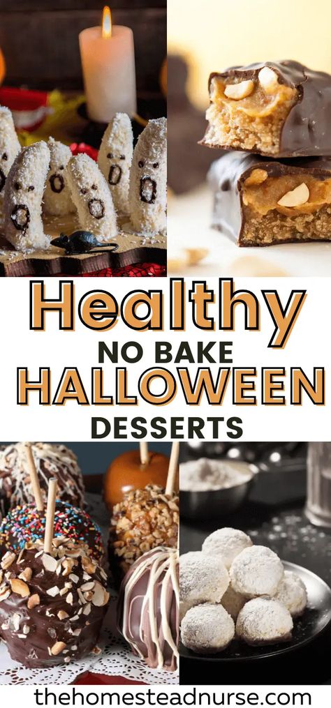 easy Halloween desserts no bake recipes. Easy Healthy Halloween Treats To Make, Halloween Treats Ideas Healthy, No Bake 3 Ingredient Desserts, Halloween Dessert Healthy, Kid Friendly Halloween Desserts, Halloween Healthy Desserts, Healthier Halloween Treats, Halloween Baking Healthy, Easy Healthy No Bake Desserts