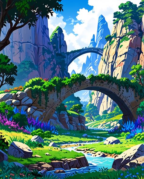 "A Natural Stone Bridge" #aiart #animeillustration #illustrationart #illustration #illustrator #art #design #drawing #painting #artwork #generativeartworks #nature #landscape #sky Fantasy Bridge Art, Bridge Concept Art, Fantasy Landscape Illustration, Bridge Illustration, Fantasy Artwork Landscape, Landscape Drawing Tutorial, Bridge Landscape, Bridge Drawing, Bridge Art