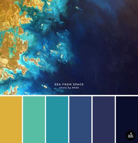 *I can't get enough of Navy Blue add other shades of blue and a touch of Gold and you have awesomeness!  a sea-and-space-inspired color palette — Akula Kreative Gold Color Palettes, Color Palette Yellow, Color Schemes Colour Palettes, Blue Colour Palette, Blue Living Room, Blue Bedroom, Colour Board, Room Paint, Colour Schemes