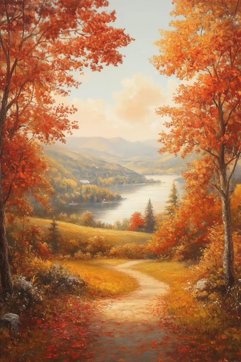 Vintage Fall Landscape Breathtaking Autumn Landscape Print Fall Foliage and Lake Scenery Oil Painting Autumn Decor Forest L4 - Etsy Türkiye Lake Scenery Painting, Acrylic Fall Landscape Paintings, Fall Scenery Painting, Fall Scenery Autumn Scenes, Fall Forest Painting, Autumn Painting Ideas, Autumn Aesthetic Pumpkin, Paintings Scenery, Fall Landscapes