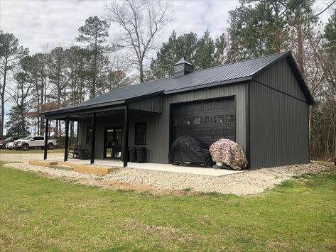 This building is as pretty as they come. The dimensions are 26’x44’x12’, and features include a 6/12 pitch roof, an 8’x28’ lean-to, and a 36” cupola. The colors are Charcoal and Black. Garage With Boat Storage, Green Metal Building, Construction Planning, Garage Setup, Pole Building Garage, Steel Garage Buildings, Pole Barn Shop, Hunting Cabins, Equine Barns