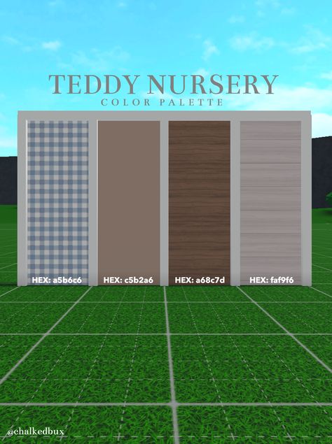 🧸 Teddy Nursery color palette #bloxburg #roblox #color palette Bloxburg Color Schemes Outside, Bloxburg House Layouts Floor Plan, Cute Image Ids For Bloxburg, Bloxburg Wall Palette, Bloxburg Wall And Floor Colors, Bloxburg Blue Color Codes, Roblox Bloxburg House Layouts 2 Story Fall, Two Floor Bloxburg Layout, House Color Palettes Bloxburg