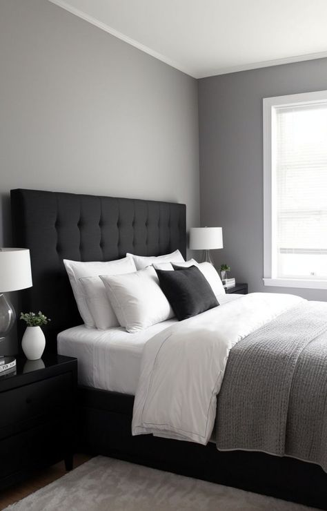 Black White And Grey Bedroom, Black And Grey Bedroom, Black And White Bedroom, Monochrome Bedroom, Black Bedroom Decor, Grey Bedroom Decor, Apartment Living Room Design, Future Apartment Decor, Dekorasi Kamar Tidur