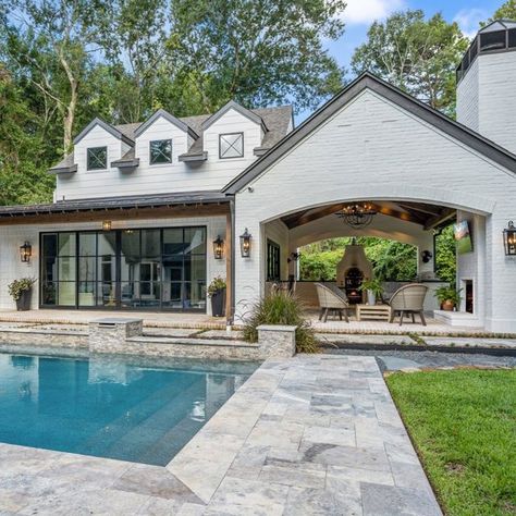 Dream Guest House, Guest House Farmhouse, Lakeside Pool Ideas, Pool And Shop Combo, Backyard With Pool And Covered Patio, Outdoor Covered Patio Ideas With Pool, Southern Pool House, Man Cave Pool House, Pool House With Loft Bedroom