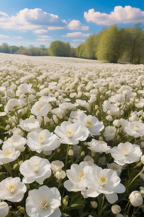 White Flower Field Aesthetic, Flower And Sky, Field Of White Flowers, White Flower Field, Blue Flower Wallpaper, Random Dump, Valley Flowers, Hd Nature Wallpapers, Plain Wallpaper