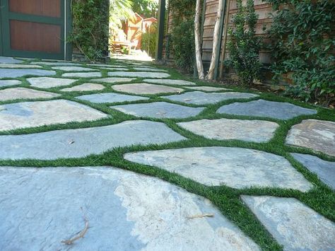 This rustic look sure beats a plain old cement driveway. San Diego Photos, Paver Walkway Diy, Ivy Privacy Fence, Cement Driveway, Grass Driveway, Grass Pavers, Diy Driveway, Backyard Garage, Fence Screen