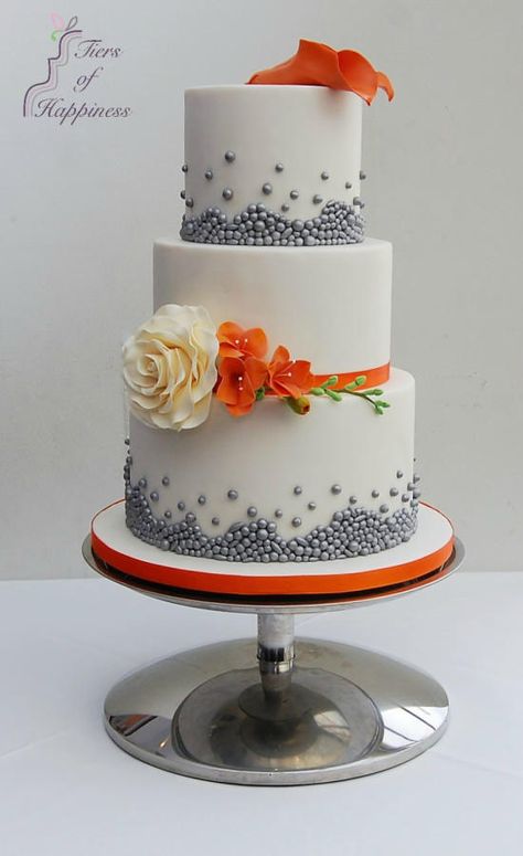 Burnt Orange and Silver Bead Wedding Cake - Cake by Tiers Of Happiness Orange Grey Wedding, Berkshire England, Orange Wedding Cake, Silver Wedding Cake, Orange And Silver, Wedding Cake Pops, Burnt Orange Weddings, Beautiful Halloween, Eclectic Wedding