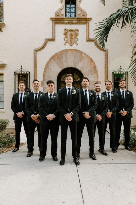 Dashing groom with his groomsmen l Image by Grace Torres Groom And Groomsmen Attire Black, Black And White Groomsmen, Black Tie Groomsmen, Groomsmen Attire Black, Black Groomsmen Suits, Powel Crosley Estate Wedding, Church Wedding Dress, Black And White Suit, All White Wedding