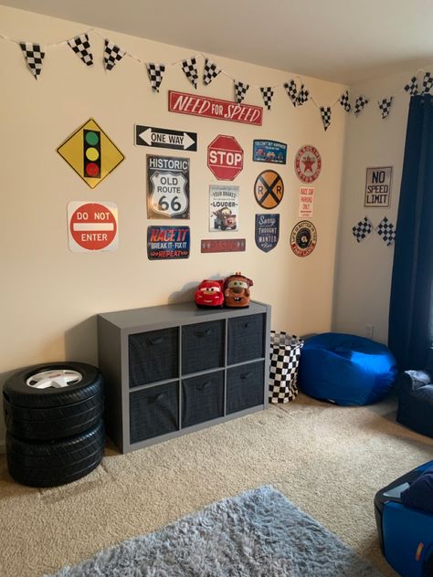 Hotwheel Room Ideas, Truck Bedroom For Toddler, Diy Car Themed Decor, Toddler Boy Truck Room, Lighting Mcqueen Room, Hotwheels Bedroom Ideas For Boys, Toddler Car Room Decor, Disney Cars Toddler Room, Disney Cars Room Decor