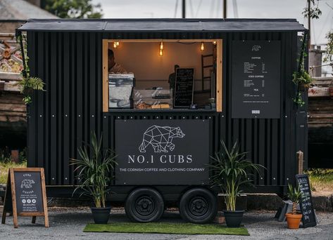 Black Food Trailer, Vintage Coffee Trailer, Coffee Trailer Exterior Design, Coffee Trailer Menu Ideas, Coffee Shop Food Truck, Container Van Coffee Shop, Coffee Trailer Design, Coffee Van Ideas Mobile Cafe, Coffee Truck Ideas