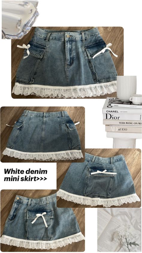 So cute Diy Denim Skirt, Diy Denim, Diy Skirt, Altering Clothes, Denim Diy, Denim And Lace, White Bow, Denim Mini, Denim Mini Skirt