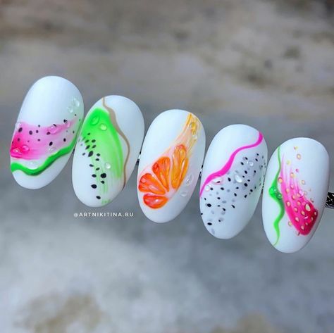 Neon Fruit Nails, Nail Art Fruit, Acrylic Nail Designs Classy, Summer Nails Art, Fruit Nail Designs, Fruit Nail, Fruit Nail Art, Long Nail Art, Watermelon Nails