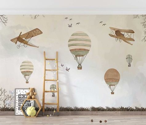 Fabric Mural, Pastel Brown, Woodland Wallpaper, Airplane Wallpaper, Textile Wallpaper, Babies Room, Nursery Mural, Vintage Hot Air Balloon, Texture Wall