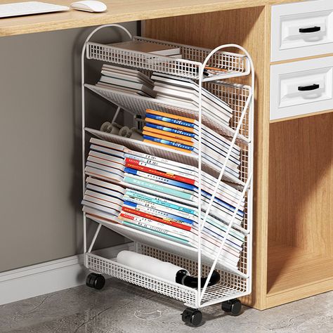 Rolling Cart Under Desk, Art Storage Boxes, Metal Organizer Storage Ideas, Desk Organization Notebooks, Under Desk Organization Storage Ideas, Notebook Organization Storage, Shelf With Wheels, Uni Storage Ideas, Under The Desk Storage Ideas