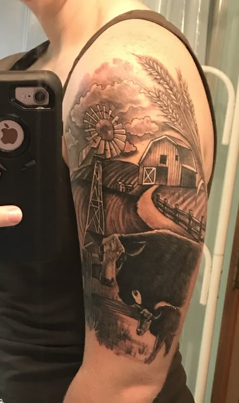 Farm Tattoo Sleeve, Farm Scene Tattoo, Farm Sleeve Tattoo, Windmill Tattoo Country, Farm Inspired Tattoo, Hereford Cow Tattoo, Farm Tatoos, Cow Sleeve Tattoo, Cow And Calf Tattoo