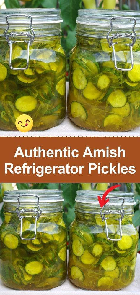 These pickles are a delightful blend of sweet and tangy. Cucumbers are sliced and marinated in a mixture of vinegar, sugar, and spices, then refrigerated for a few days to develop their flavors. They're crisp, refreshing, and perfect for a summer snack. Refrigerated Dill Pickle Recipe, Amish Dill Pickles Recipe, Refrigerator Pickles Apple Cider Vinegar, Homemade Pickle Flavors, Amish Pickles Recipe, Refrigerator Pickles Recipe, Amish Bread And Butter Pickles, Easy Freezer Pickles, Refrigerator Pickles And Onions