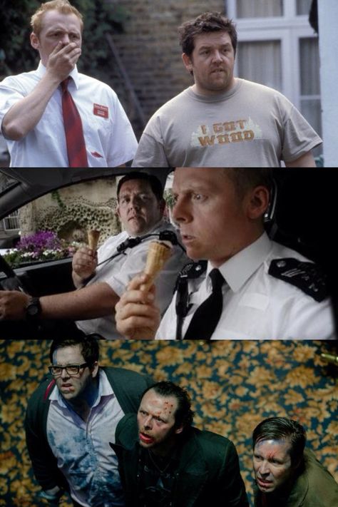 The Cornetto Trilogy Shaun of the Dead Hot Fuzz The World's End Directed by Edgar Wright. Starring Simon Pegg and Nick Frost Nick Frost, Hot Fuzz, Celebrities Reading, Film Script, Edgar Wright, Good Movies On Netflix, Simon Pegg, British Comedy, Good Buddy