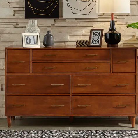 Corrigan Studio® Arciszewski 7 Drawer 60" W Double Dresser | Wayfair Dresser Bed, 8 Drawer Dresser, Mid Century Modern Dresser, Drawer Hardware, Modern Dresser, Double Dresser, Metal Drawers, Dressers And Chests, Drawer Dresser