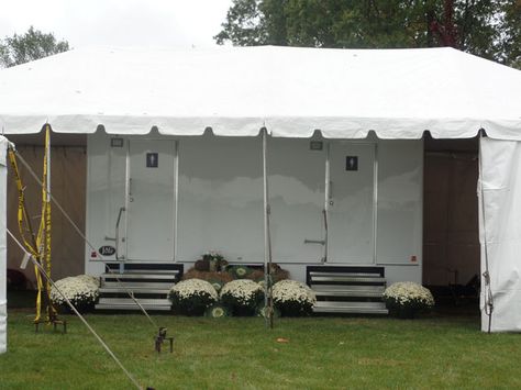 Bathroom Trailer Wedding, Bathroom Trailer, Wedding Restroom, Restroom Ideas, Restroom Trailer, Tent Decor, Portable Restrooms, Portable Bathroom, Wedding Bathroom