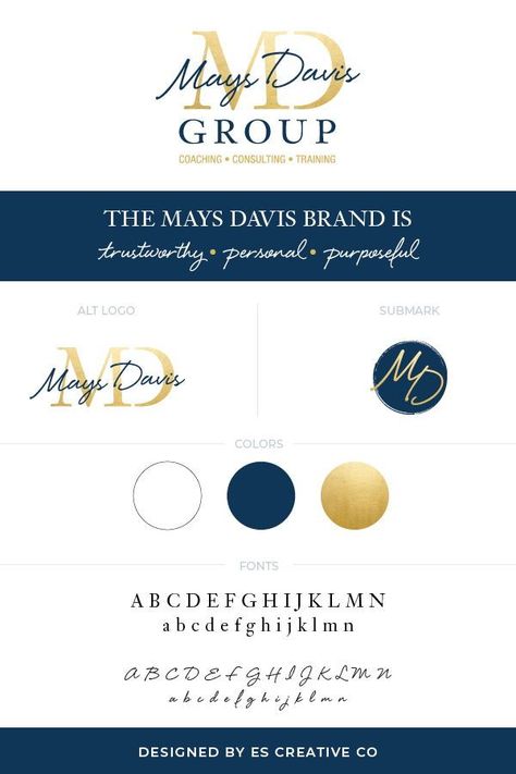 Monogram logo design for Columbus, OH female business coach, Nancy of Mays Davis Group. I used a navy and gold color palette to play into this classic and timeless vibe for this brand. Nancy often gets referred as “not your typical HR/business coach” for her personal approach. To showcase this, I used a script font to give it a bit more personal feel. Click her to see her brand and website. Design by ES Creative Co. #businesscoachlogo #monogram #Columbus #logodesign Realtor Color Palette, Website Design Inspiration Business Color Palettes, Navy Blue Branding Color Palette, Navy Website Design, Navy Branding Color Palette, Dentist Moodboard, Healing Declarations, Brunch Branding, Web Palette