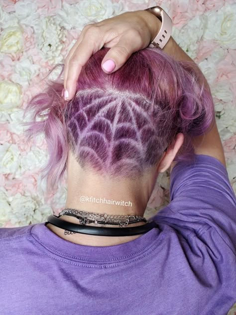 Undercut Shaved Designs, Undercut Easy Design, Under Cut Design Women, Hair Patterns Shaved Undercut Designs, Shaved Patterns In Hair, Colored Undercut Hair, Dyed Undercut Designs, Spiderweb Undercut Designs, Spider Web Undercut Design