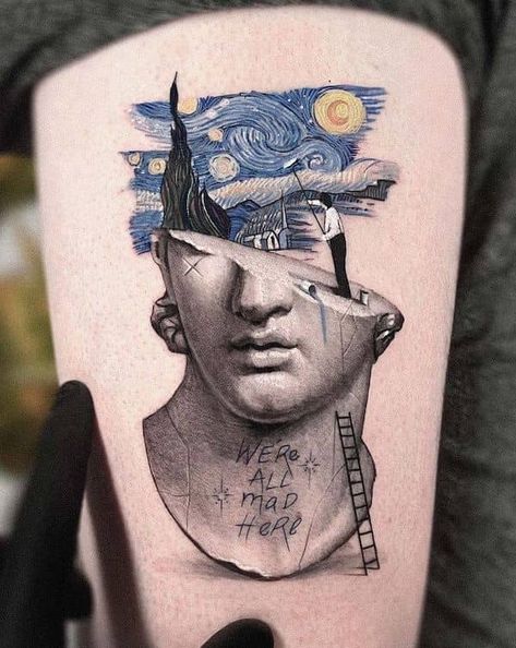 Paintings With Meaning, Van Gogh Tattoos, Starry Night Tattoo, Van Gogh Tattoo, Night Tattoo, Brush Tattoo, Our Mindful Life, Surreal Tattoo, Tattoo Inspiration Men