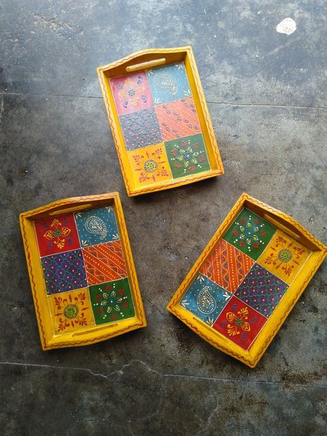 Beautiful Rajasthani hand-painted wooden serving tray Mdf Tray Painting, Painted Wooden Trays Ideas, Painting On Wooden Tray, Hand Painted Wooden Trays, Rajasthani Decoration, Wooden Tray Painting Ideas, Tray Painting Ideas, Hand Painted Trays, Wooden Decoration Ideas