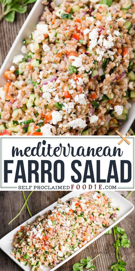 Lemony Vinaigrette, Healthy Grains Recipes, Salad Mediterranean, Farro Salad Recipes, Farro Recipes, Feta Recipe, Farro Salad, Greek Olives, Healthy Side Dish