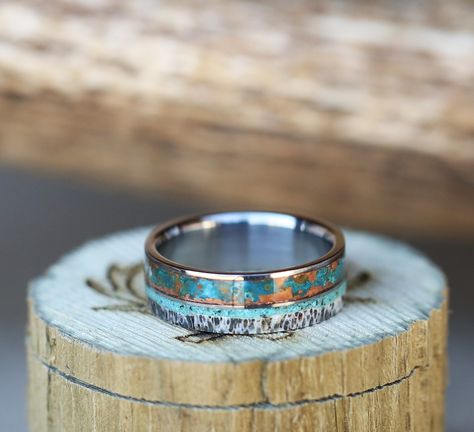 Staghead Designs | Design Custom Wedding Bands | Wood & Antler Wedding Bands & Engagement Rings Copper Wedding Band, Antler Wedding Rings, Mens Turquoise Rings, Antler Wedding Band, Antler Wedding, Wooden Wedding Ring, Patina Copper, Elk Antler, Wood Wedding Band